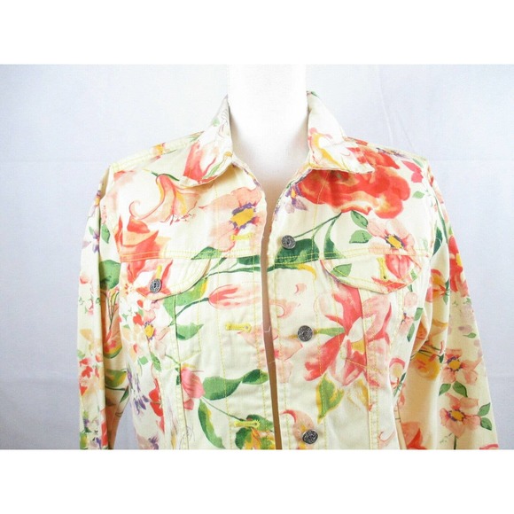Chico's SZ 1 Jean Jacket Floral 100% Cotton Button - Picture 2 of 8